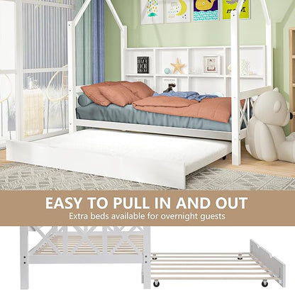 Full House Bed with Trundle Bed for Kids,Wooden Full Size Bed Frame with Roof Guardrails Wood Slats, Headboard for Boys Girls, No Box Spring Required, White