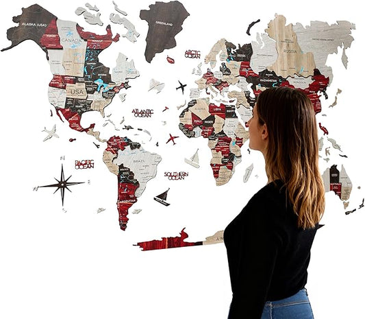 Handmade 3D Wood World Map Wall Art Large Wall Decor Track Your World Travels - Special for Home, Kitchen and Office (Urban, X-Large)