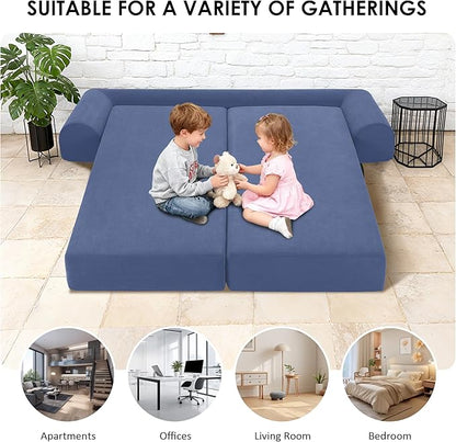 80" Convertible Sofa Bed, 3-in-1 Corduroy Folding Pull Out Couch with Pillows, No Assembly Modern Boneless Couch Compression Sofa in Box, Floor Sofa with Side Storage for Living Room,Dark Smog Blue