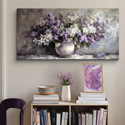SERIMINO Large Wall Art for Living Room, Still Life Flowers Canvas Prints, Purple Floral Botanical Decor Paintings, Modern Aesthetic Pictures Wall Decor, Farmhouse Kitchen Artwork 29"X57"