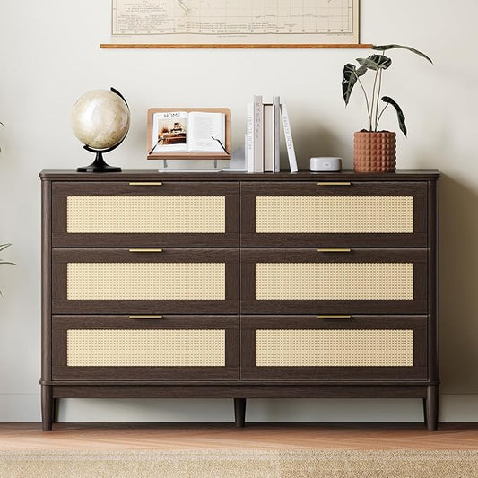 LINSY Rattan 6 Drawer Dresser for Bedroom, 54" Wide Mid-Century Modern Tall Chest of Drawers, Deep Storage Dresser with Curved Corner Design, Large Accent Wood Cabinet for Bedroom, Walnut