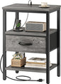 SUPERJARE Nightstand with Charging Station, Bed Side Table with Adjustable Fabric Drawer, Night Stand for Bedroom, 3-Tier Storage End Table, for Living Room, Grey