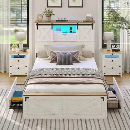 Hasuit Farmhouse Bed Frame Twin Size with 2 Storage Drawers, Wooden Platform Twin Bed with LED Lights and Charging Station, Rustic Accent Headboard with Sliding Barn Door Storage Cabinets