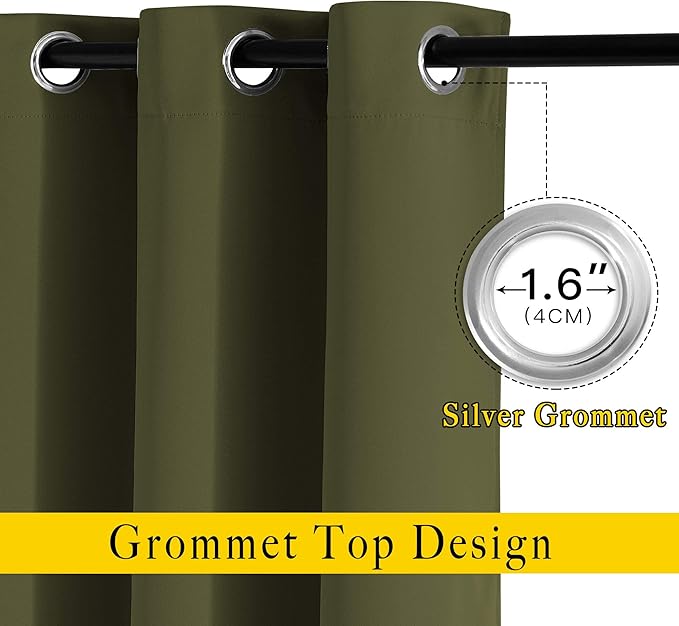 NICETOWN Short Blackout Curtains for Kitchen Window - Grommet Room Darkening Voice Reducing Solid Thermal Curtains & Drapes for Small Windows, Olive, W34 x L50, 2 Panels