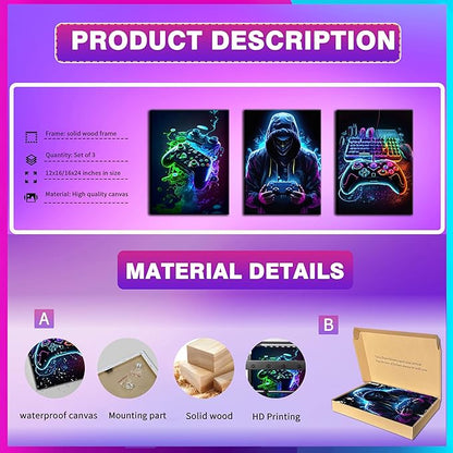 BGFCE Cool Gaming Canvas Wall Art Set of 3, Retro Video Game Watercolor Poster Pictures, Neon Gamepad Gamepad Painting Prints Game Room Bedroom Wall Decor 12x16 in Framed