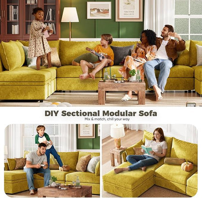 ABCASA 135.5" Oversized Modular Sectional Sofa, L Shaped Convertible Couch with Movable Ottoman, 5 Seat Corner Couches for Living Room Deep Seat Yellow Chenille