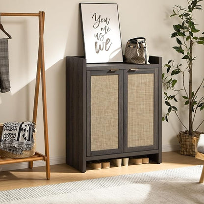 SICOTAS Shoe Cabinet Set of 2, Large Capacity Shoe Storage Organizer Cabinet, Tall Rattan Shoe Cabinet with Doors and Shelves, 6-Tier Farmhouse Boho Wooden Storage Cabinet for Entryway, Black Oak