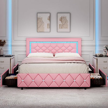 BarnFurin Queen Bed Frame with LED Lights, Upholstered Bed Frame with 4 Storage Drawers, Princess Platform Bed with Diamond Headboard and Footboard, No Box Spring Needed, Pink