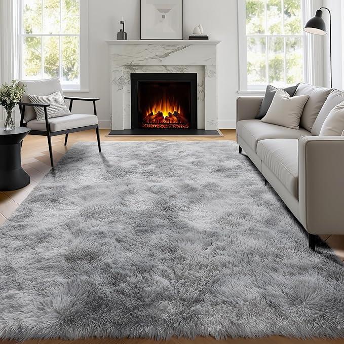 PAGISOFE Abstract Shaggy Machine Washable Area Rug 4' x 6' Plush Soft Fluffy Fuzzy Furry Carpet for Living Room, Home Decor Aesthetic Tie-Dyed Light Grey Bedside Rugs, Nursery Grils Boys Kids Room