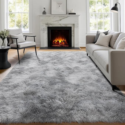 PAGISOFE Abstract Shaggy Machine Washable Area Rug 4' x 6' Plush Soft Fluffy Fuzzy Furry Carpet for Living Room, Home Decor Aesthetic Tie-Dyed Light Grey Bedside Rugs, Nursery Grils Boys Kids Room
