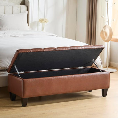 GDFStudio Boucle Storage Ottoman Bench with Button Tufting, 50.75” Upholstered Entryway Bench with Hidden Storage, Soft Close Lid, Rubberwood Legs, Extra Seating for Bedroom, Living Room – Brown