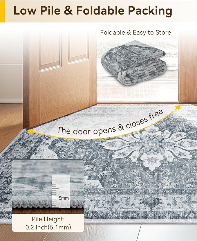 Area Rugs Square 8ft Washable Non-Slip, Floral Vintage Distress Print Pattern Medallion Carpet for Living Room Bedroom Dining Room, Light Gray Grey White