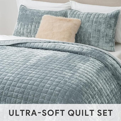 RECYCO Luxury Velvet Quilt Set King Size Bedding Sets, Ultra Soft Velvet Comforter Set, Lightweight Channel Box Stitch Oversized Bedspread Coverlet for All Season, with 2 Shams, Blue Linen
