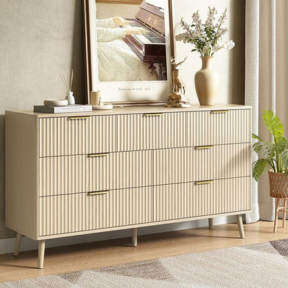 CARPETNAL Fluted 7 Drawer Dresser for Bedroom, 55" Wide Wooden Chest of Drawers with Rounded Corners, Gold Handles, Modern Storage Organizer for Bedroom, Hallway(Beige)