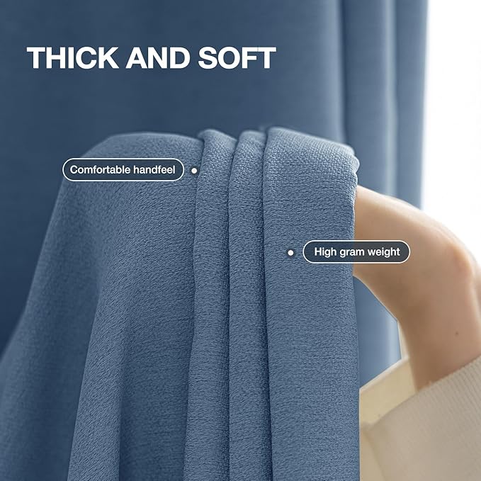 100% Blackout Curtains 108 inch Length 2 Panels for Living Room, Linen-Look Textured Room Darkening Thermal Insulated Soundproof Farmhouse Drapes for Bedroom (W52xL108, Blue)
