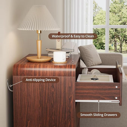 FURSUN 32" Tall Fluted Nightstand Set of 2, 3 Drawers Wooden End Table w/Storage, Curved Profile Design, Modern Bedside Table for Bedroom, Dark Walnut