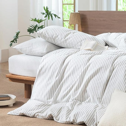 MooMee Striped Duvet Cover Set 100% Washed Cotton Linen Like Textured Breathable Durable Soft Comfy (White Heathered Green Wide Stripes, Super Queen 90"x98")