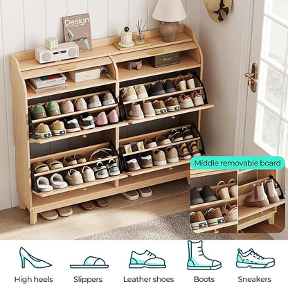 LINSY Shoe Storage Cabinet, Rattan Shoe Cabinet Wood Shoes Rack Cabinets with Sliding Tambour Door, Large Flip Drawer Shoe Cabinet Boho Hidden Shoe Storage for Entryway, Front Door, Hallway, Oak