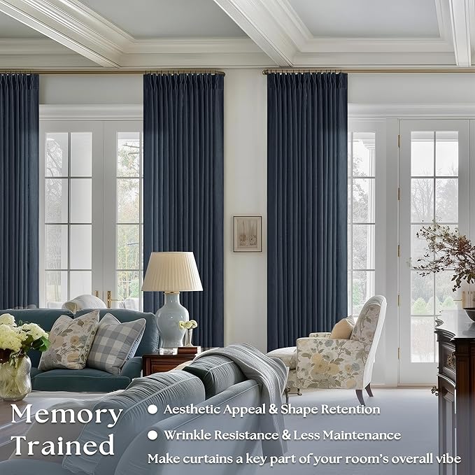 Navy Linen Pinch Pleated Curtains 108 Inches Long 2 Panels for Living Room Bedroom Light Filtering Drapes 108 Inch Length Dark Blue Indigo Semi Sheer Memory Shape Trained Ceiling Floor Curtain
