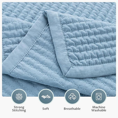 Kasentex KWX1804-BL Quilt Mini Set-Stone Washed-Super Soft Bedspread-Light Weight-White Down Alternative Microfiber Fill-Machine Washable-Solid Colors, Full/Queen + 2 Shams, Blue