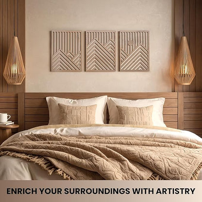 qmmp Modern Wooden Wall Sculptures - Set of 3 - Home Decor Accent - Large Wall Art for Living Room, Bedroom, Office - Easy Installation (Oak, Medium - Mountain and Sun)