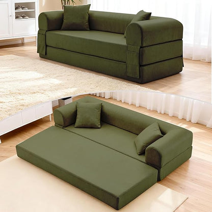 78.5" Convertible Sleeper Sofa Bed, Faux Leather Deep Seat Folding Floor Sofa with Pullout Bed & 2 Pillows, No Assembly Modern Boneless Couch Compression Sofa in Box for Living Room, Office, Green