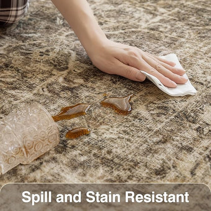 FMFUNCTEX 4x6 Washable Area Rug Neutral Vintage Brown Non Slip Low Pile Traditional Indoor Carpet for Entryway Living Room Bedroom Soft Retro Floral Mat Throw Rug for Dining Office Kitchen Entryway