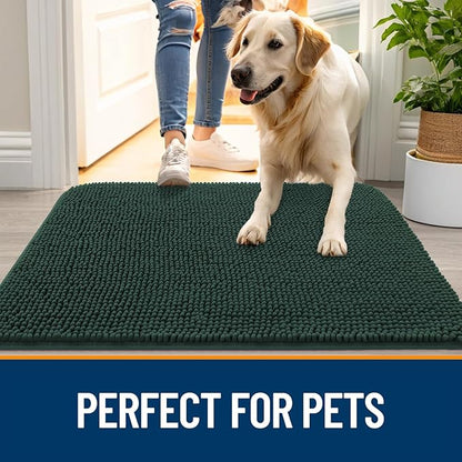 OLANLY Dog Door Mat for Muddy Paws 54x24, Absorbs Moisture and Dirt, Absorbent Non-Slip Washable Doormat, Quick Dry Chenille Mud Mat, Entry Indoor Entryway Carpet for Inside Floor, Blackish Green