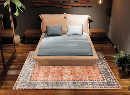 Bloom Rugs Washable Non-Slip 8' x 10' Rug - Orange/Teal Blue Traditional Bordered Area Rug for Living Room, Bedroom, Dining Room, and Kitchen - Exact Size: 8' x 10'