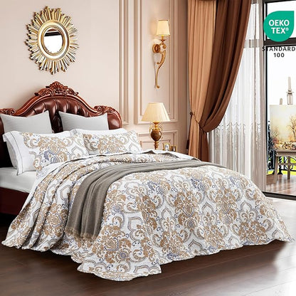 CHIXIN California King Bedspread - Oversized Luxury Collection - European Damask Paisley Pattern - Classic & Gorgeous Bedding Cover, Lightweight, Ultra Soft, 5 Piece, 100% Microfiber, White/Khaki/Grey