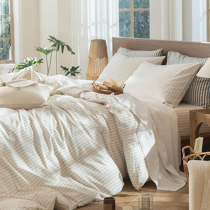 MooMee Striped Duvet Cover Set 100% Washed Cotton Linen Like Textured Breathable Durable Soft Comfy (Almond Milk Grey Classic Stripes, Full 80"x90")