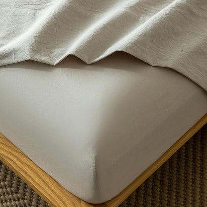 MooMee Fitted Bottom Sheet Only 100% Washed Cotton Linen Like Textured Breathable Durable Soft Comfy Deep Pocket Fits Mattress up to 17" (Cream Grey, Twin)