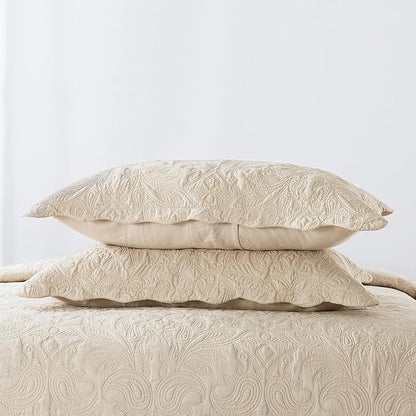 HoneiLife Quilt Set Queen Size - 3 Piece Embroidered Microfiber Bedspread Reversible Coverlet Lightweight Bedcover Paisley Pattern Bedding Set All Season Quilts-Khaki