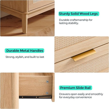 LINSY Rattan 9 Drawer Dresser for Bedroom, 58" Wide Mid-Century Modern Tall Chest of Drawers, Deep Storage Dresser with Curved Corner Design, Large Accent Wood Cabinet for Bedroom, Oak