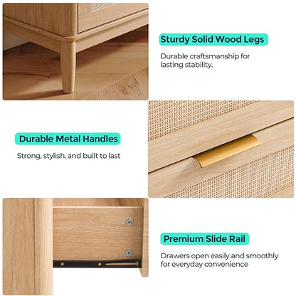 LINSY HOME Rattan Dresser for Bedroom with 9 Drawers, 58" Wide Chest of Drawers, Mid Century Modern Dresser TV Stand with Metal Handle, Wood Closet Storage Cabinet for Living Room, Hallway, Oak