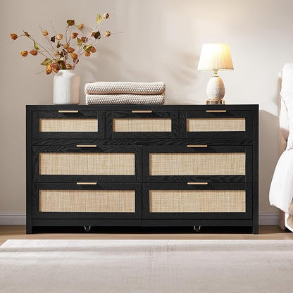 SICOTAS 7 Drawer Dresser for Bedroom, 57" Wide Rattan Dressers, Large Chest of Drawers for Bedroom, Dresser TV Stand, Boho Closet Organizer (Black Oak, 7 Drawers (1 pc))