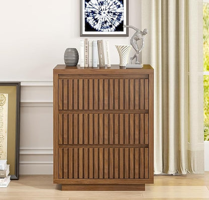 Fluted 3 Drawer Dresser, Mid Century Small Dresser for Bedroom, Wood Chest of Drawers, Modern Closet Clothes Organizer, Walnut Wooden Storage for Living Room, Brown