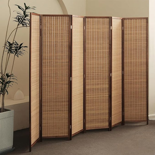 Furnnylane 6 Panel Bamboo Room Divider and Folding Panel Screen,Bamboo Panel Divider for Room Separation,Brown,67" H x 92.1" W