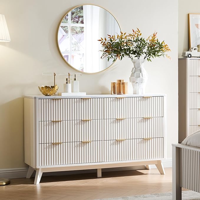 T4TREAM Fluted 6 Drawers Dresser, 54" Wide Modern Chest of Drawers with Faux Marble Top, Curved Profile Design, Dresser TV Stand, Wood Drawer Organizer for Bedroom, Living Room, Hallway, Solid White