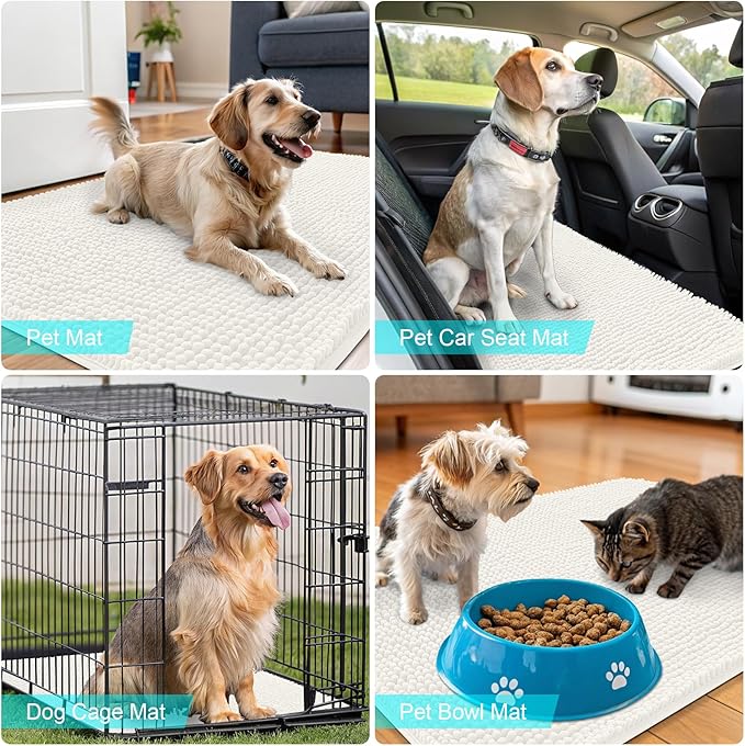 OLANLY Dog Door Mat for Muddy Paws 47x24, Absorbs Moisture and Dirt, Absorbent Non-Slip Washable Doormat, Quick Dry Chenille Mud Mat for Dogs, Entry Indoor Entryway Carpet for Inside Floor, Ivory