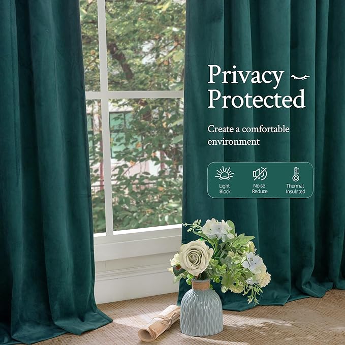 LAMIT Velvet Curtains 96 Inch Length for Living Room, Teal Thermal Room Darkening Panels Luxury Privacy Protected Back Tab and Rod Pocket Drapes for Bedroom/Room Decor, 2 Panels, 52 x 96 Inch