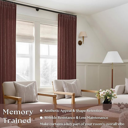 Brown Red Linen Pinch Pleated Curtains 102 Inches Long for Living Room Pleated Drapes Hooks Back Tab Thick Linen Textured Boho Farmhouse Country Terracotta Maroon 102 Inch Curtain for Dining Bedroom