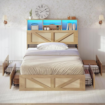 AOGLLATI Twin Bed Frame with 4 Storage Drawers and Natural Rattan 2-Tier Bookcase Hidden Headboard, Boho Led Twin Bed Frame with Charging Station, No Box Spring Needed, Wood
