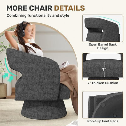 Swivel Accent Chair Set of 2, Modern Comfy Chenille Barrel Chairs, Oversized Upholstered Round Arm Chair for Living Room, Bedroom, Reading Room, Black