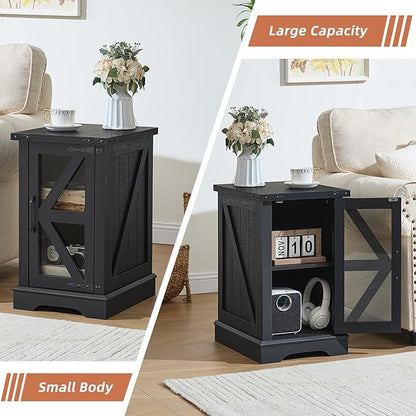 Farmhouse End Table Set 3, Narrow 18'' Night Stand with Glass Barn Door, 24" Square Side Table with Charger Station, Living Room Furniture Sets, Wood Nightstand Bedside Tables for Bedroom