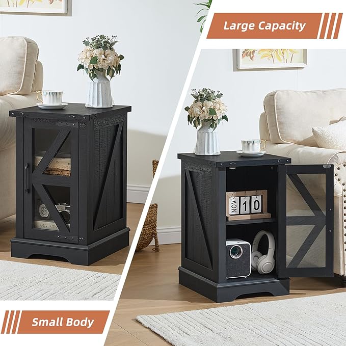 Farmhouse End Table Set 2, Narrow 18'' Night Stand with Glass Barn Door, 24" Square Side Table with Charger Station, Living Room Furniture Sets, Wood Nightstand Bedside Tables for Bedroom