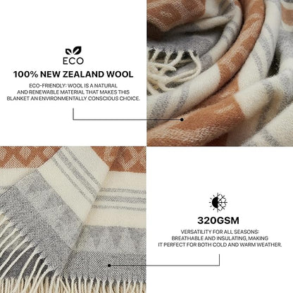 | Wool Blanket/Throw | 100% New Zealand Wool | Perfect for Home and Outdoors | Virgin Wool Throw with Fringes 75"x87" (190 x 220 cm)