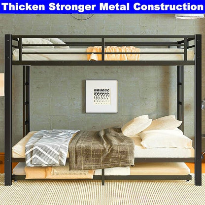 Upgraded Version Thicken Heavy Duty Metal Queen Bunk Bed with Twin Size Trundle, Modern Style Stronger Bunk Bed Frame for Adults, Easy Assembly (Queen Over Queen)