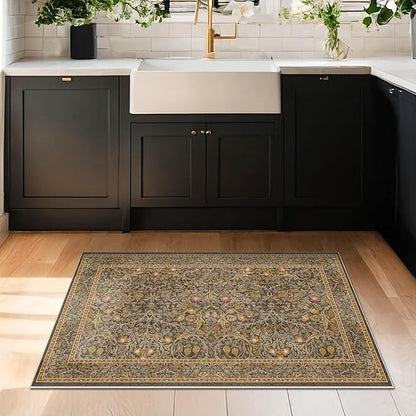 Brown Washable Entry Rug - Front Door Throw Rugs Indoor, Non-Slip Bathroom Small Rugs, Vintage Floral Thin Rug for Kitchen, Boho Earthy Entryway Décor (2x3 Gold Brown)