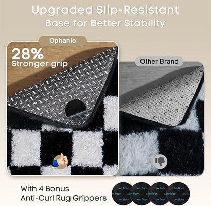 Ophanie Checkered Black & White Rug for Living Room Bedroom, Fluffy Soft Cute Fuzzy Area Rugs, Shag Plush Shaggy Bedside Floor 4x6 Furry Carpet for Kids Baby Teen Dorm Nursery Home Decor Aesthetic